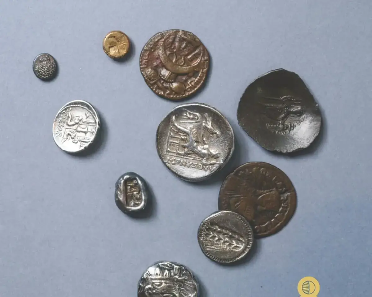 Moedas antigas sobre fundo azul
