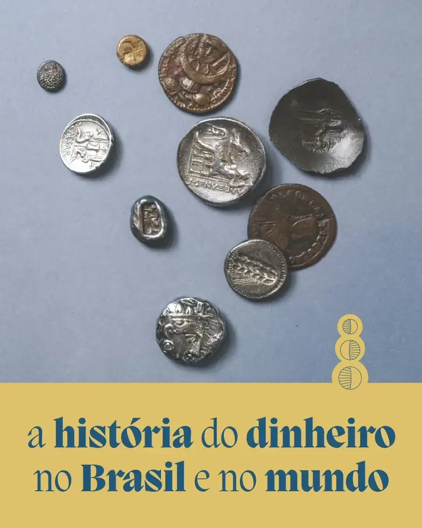 Moedas antigas e o título “a história do dinheiro no Brasil e no mundo”