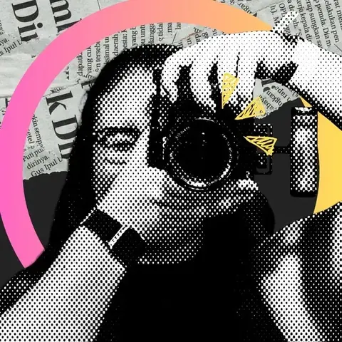 Mari Jordão fotografando, em colagem com retícula e jornal